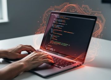 Developer’s hands typing on a laptop with subtle red and orange glow suggesting Rust’s memory-safe programming concepts