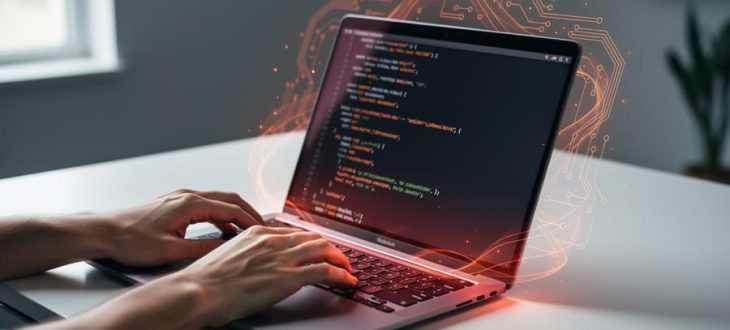 Developer’s hands typing on a laptop with subtle red and orange glow suggesting Rust’s memory-safe programming concepts
