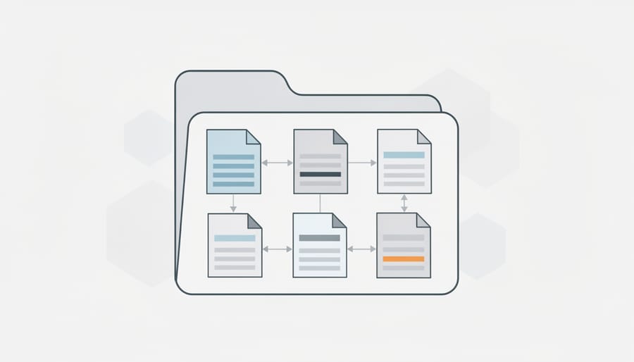 Blank document tabs and a theme-like folder layout on a desk symbolizing theme file structure
