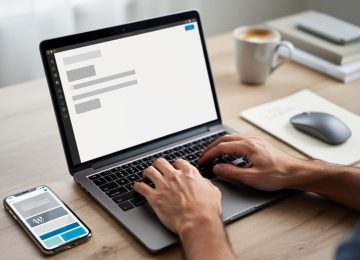 Hands typing code on a laptop at a clean developer desk, with a mouse, notepad, and other tools nearby to represent building a WordPress theme.