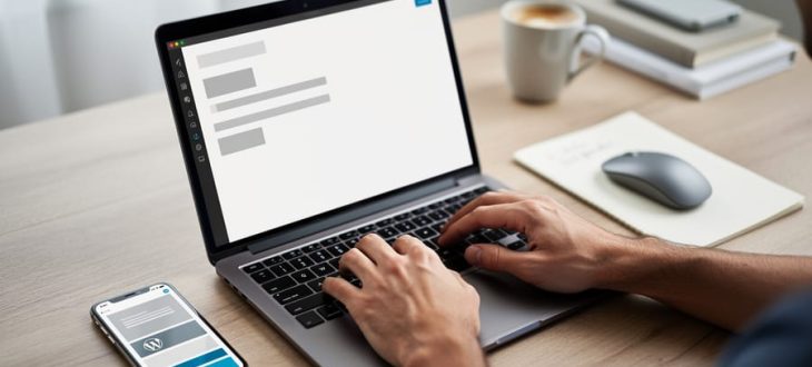 Hands typing code on a laptop at a clean developer desk, with a mouse, notepad, and other tools nearby to represent building a WordPress theme.